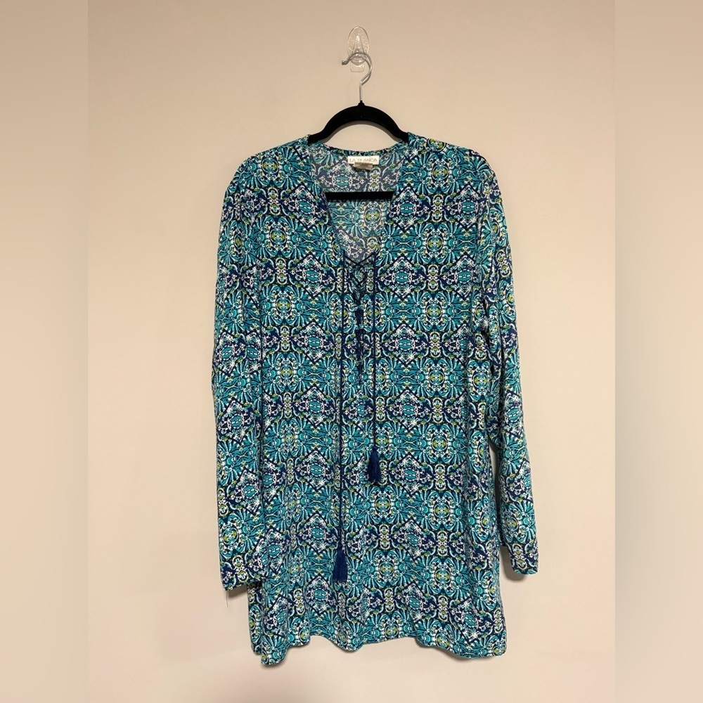 La Blanca Blue Teal Mosaic Tie-Neck Tunic